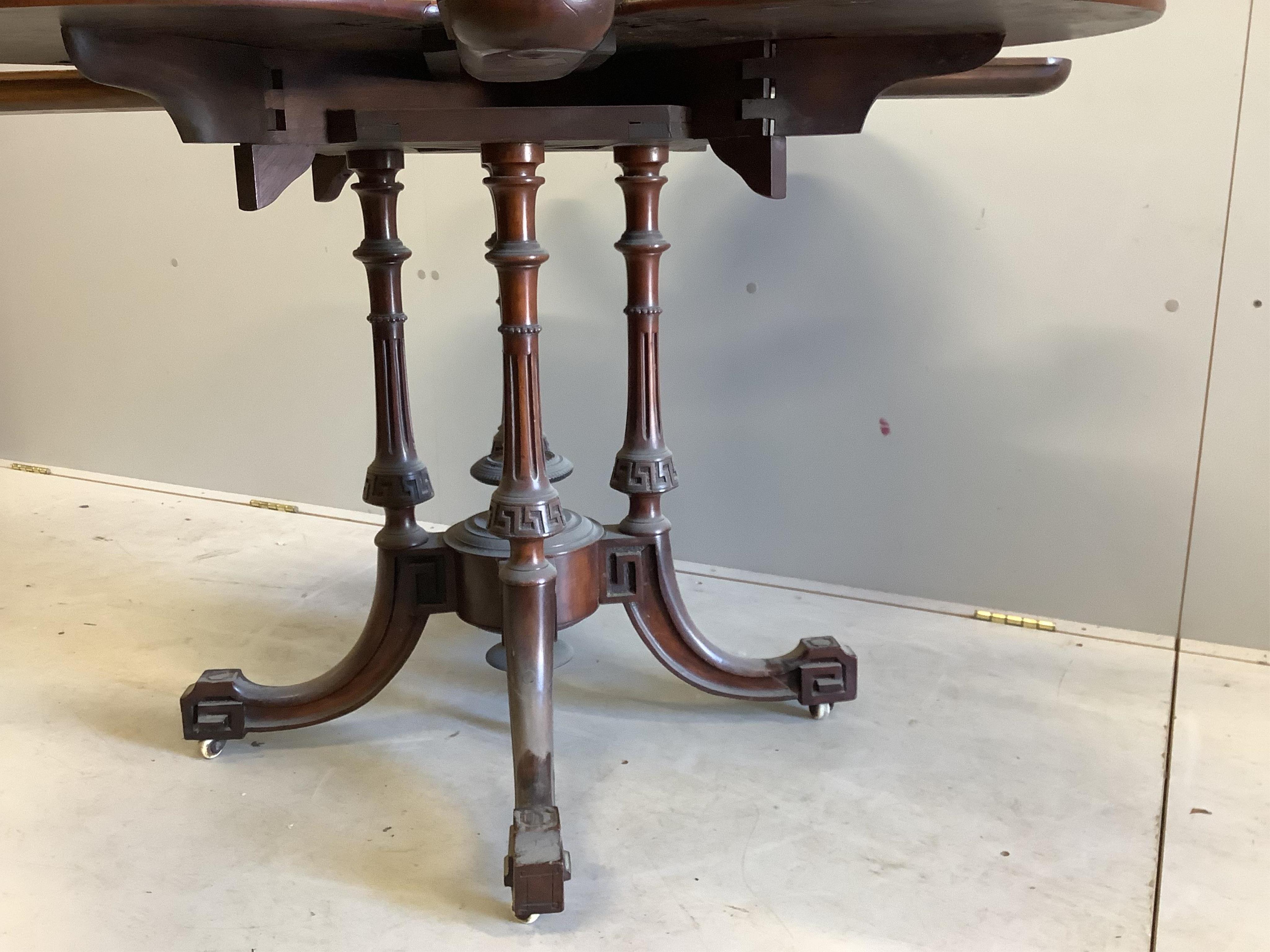 A Victorian burr walnut drop flap centre table, width 64cm, height 73cm. Condition - fair to good